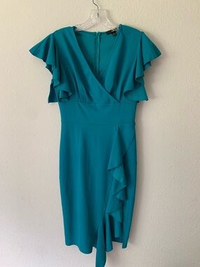 Knitee Women's Teal Ruffle Sheath Dress Size Medium Office Church Evening